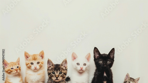 A group of six adorable kittens of various colors lined up against a plain background, showcasing their unique personalities and expressions