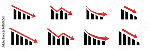 Graph decrease. Red arrow goes down sign. Crisis icon isolated.