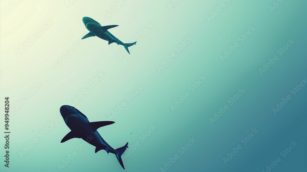 Obraz premium Two sharks swimming gracefully underwater in a serene blue ocean during daylight
