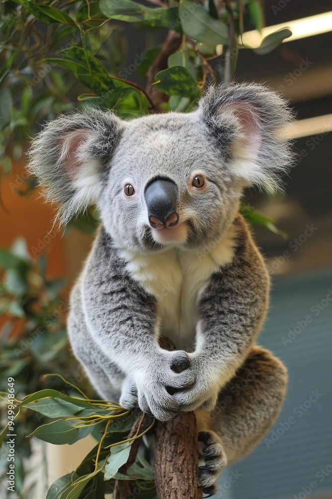 Adorable koala clinging to a tree branch, surrounded by eucalyptus leaves, fluffy ears and distinctive nose in a natural setting Adorable koala clinging to a tree branch, surrounded by eucalyptus leaves, fluffy ears and distinctive nose in a natural setting