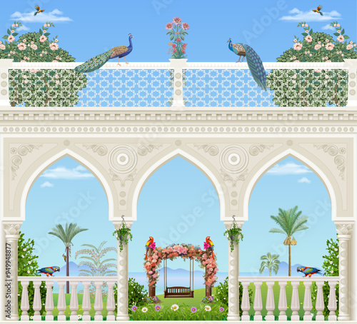 Beautiful Arch Chinoiseries peacock, Parrot, Birds Palace garden royal Wallpaper. moroccan decorative garden with river, floral swing and mountain used for wallpaper vector file.
