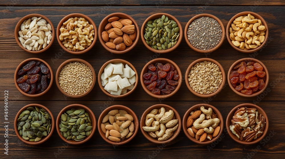Flat lay of variety of healthy snacks including nuts seeds and dried fruits arranged in small bowls on a wooden table Flat lay of variety of healthy snacks including nuts seeds and dried fruits arranged in small bowls on a wooden table