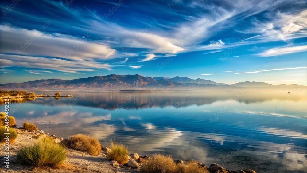 Fototapeta premium Lake Salton Sea in the evening, vast expanse of calm waters, with the distant mountains shrouded in a veil of mist
