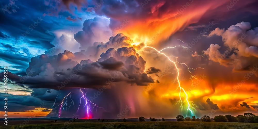Vibrant Cloud Formation Sunset with Thunderstorms and Rainbows set against a pitch-black background, highlighting the electrifying lightning bolts. Vibrant Cloud Formation Sunset with Thunderstorms and Rainbows set against a pitch-black background, highlighting the electrifying lightning bolts.