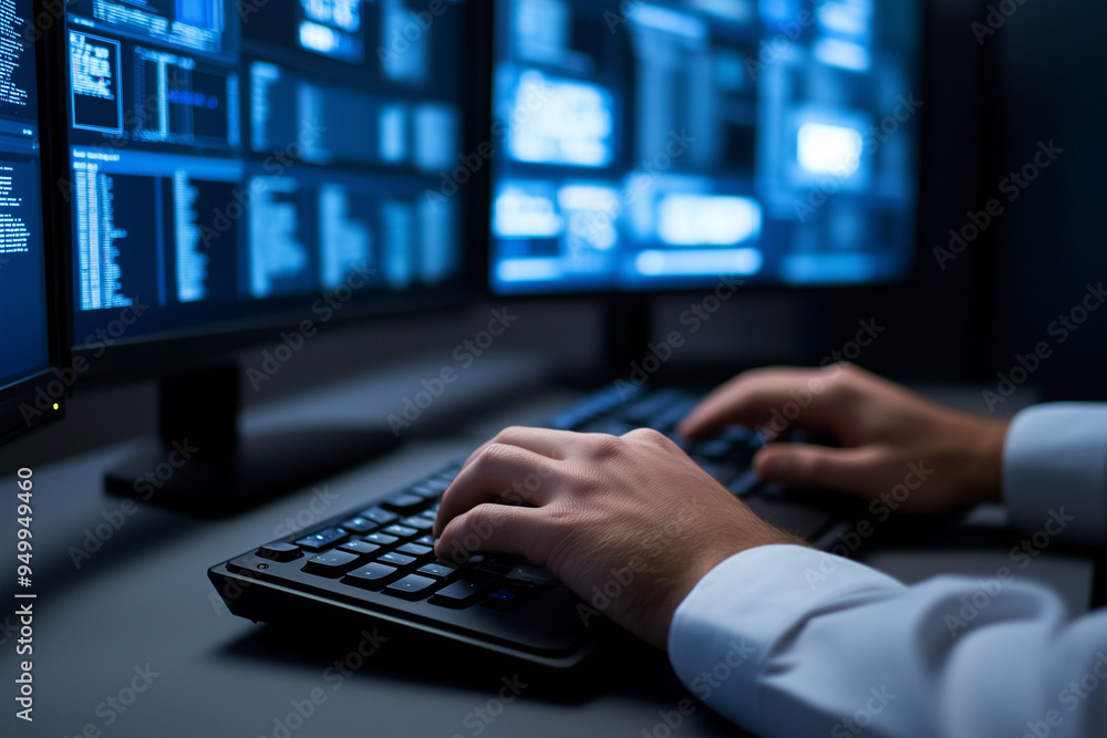 man IT worker typing on keyboard in dark office with multiple computer monitors displaying data and code man IT worker typing on keyboard in dark office with multiple computer monitors displaying data and code