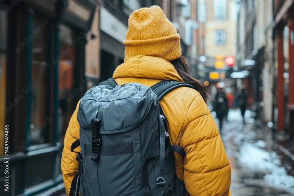 Person in a Yellow Jacket Walking Through a City Street During Winter Person in a Yellow Jacket Walking Through a City Street During Winter