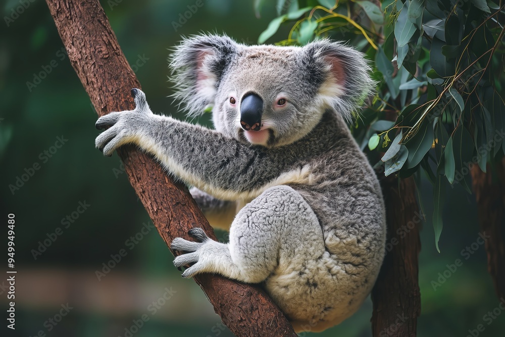 Fototapeta premium Adorable koala bear clinging to a tree branch, surrounded by eucalyptus leaves, fluffy ears and distinctive nose in natural habitat
