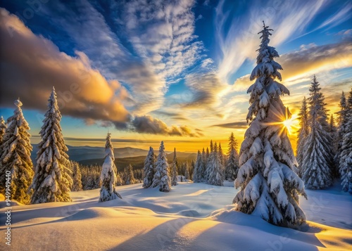 Winter's Solace featuring a dramatic, low-angle perspective, emphasizing the grandeur of the snow-covered trees and the vastness of the landscape photo