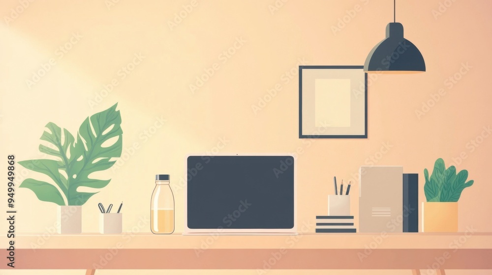 Fototapeta premium A modern workspace featuring a laptop, plants, and minimalist decor, ideal for creativity and productivity.