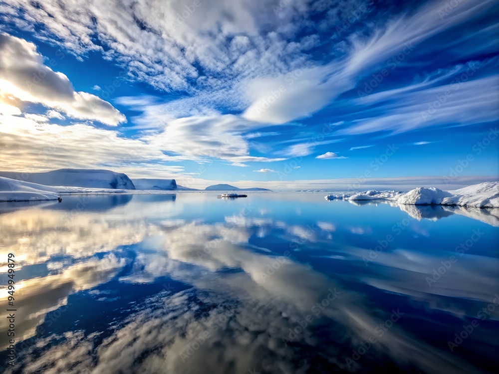 Lake Vostok in January, a peaceful morning scene, with the lake's surface reflecting the calm, blue-gray sky, and a few wispy clouds scattered above. Lake Vostok in January, a peaceful morning scene, with the lake's surface reflecting the calm, blue-gray sky, and a few wispy clouds scattered above.