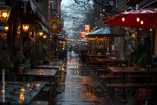  A rain-soaked street adorned with tables and umbrellas, creating a charming outdoor dining setting.
