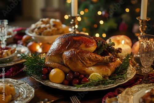 A beautifully decorated Thanksgiving dinner featuring a golden roasted turkey surrounded by garnishes on a festive table, illuminated by warm candlelight and colorful decorations. Generative AI photo