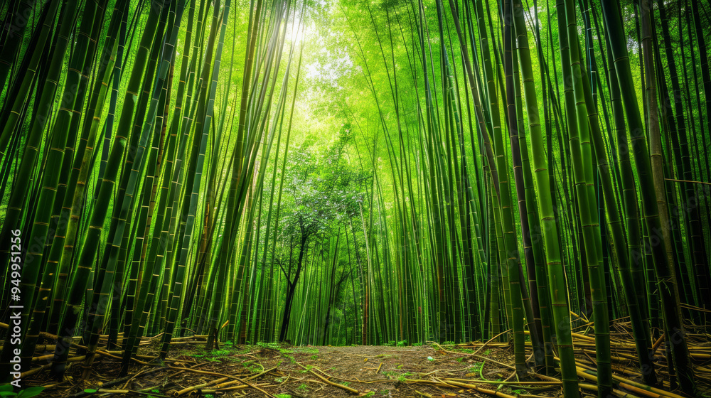 Fototapeta premium Lush Green Bamboo Grove with Tall Stalks Reaching Skyward in a Dense Forest. Concept of Nature, Serenity, Growth, and Environmental Beauty