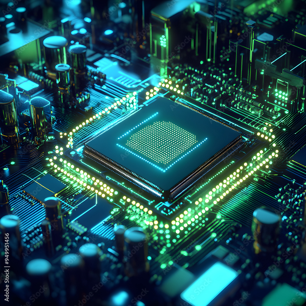 Obraz premium Computer chip in green and blue, featuring numerous tiny details image 