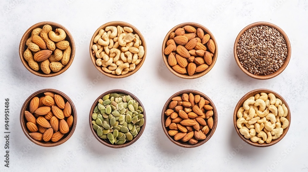 Flat lay of variety of raw nuts and seeds arranged in small bowls ready for a healthy snack Flat lay of variety of raw nuts and seeds arranged in small bowls ready for a healthy snack