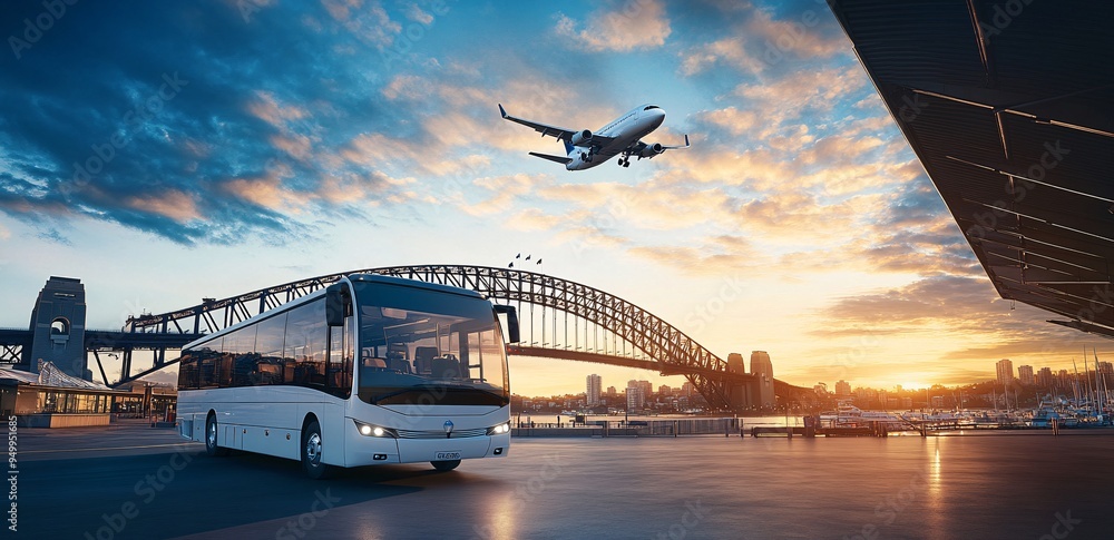 Fototapeta premium Airplane Taking Off Above Coach Bus at Sydney Airport