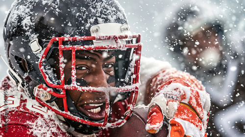 Intense Football Game in Winter with Players Battling Heavy Snowfall. Concept of Sportsmanship, Competition, Winter Sporting Events, American Football, and Team Spirit photo