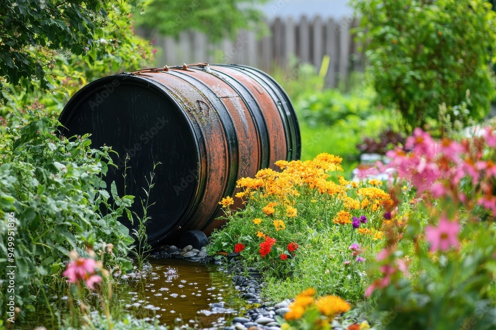 Rainwater harvesting system in the garden with barrel Rainwater harvesting system in the garden with barrel