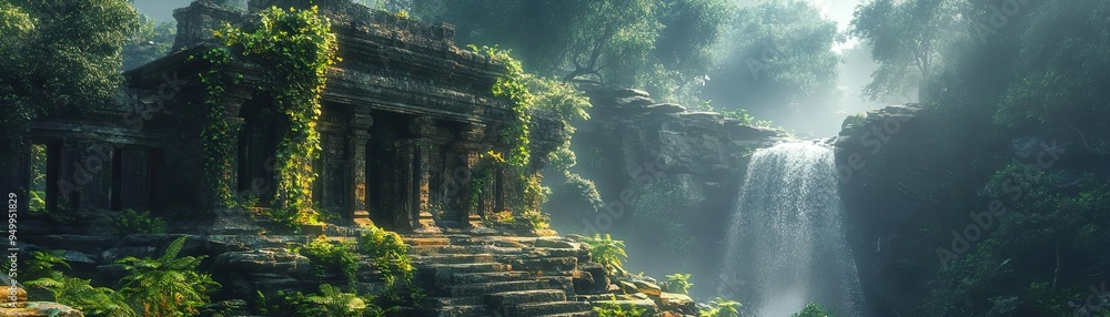 Ancient stone temple, overgrown with vines, and a hidden waterfall nearby, 3D illustration Ancient stone temple, overgrown with vines, and a hidden waterfall nearby, 3D illustration