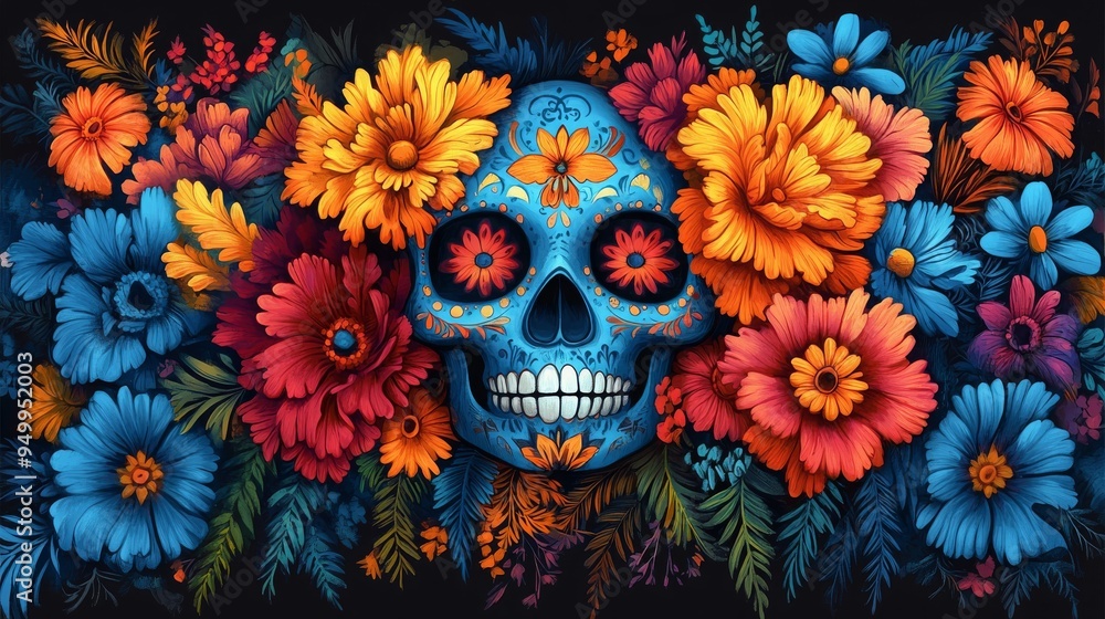 A beautifully designed skull adorned with intricate patterns sits amidst bright, vivid flowers in a celebration of Dia de los Muertos. A beautifully designed skull adorned with intricate patterns sits amidst bright, vivid flowers in a celebration of Dia de los Muertos.