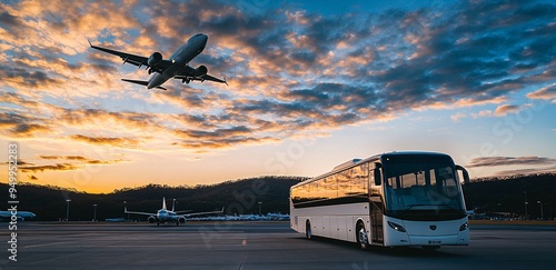 Airplane Taking Off Above Coach Bus at Sydney Airport photo