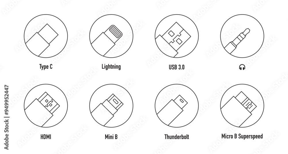Set of linear icons of cables and connectors: Type C, Lightning, USB 3.0, HDMI, Mini B, Thunderbolt, Micro B Superspeed, mini-jack. Set of linear icons of cables and connectors: Type C, Lightning, USB 3.0, HDMI, Mini B, Thunderbolt, Micro B Superspeed, mini-jack.