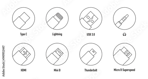 Set of linear icons of cables and connectors: Type C, Lightning, USB 3.0, HDMI, Mini B, Thunderbolt, Micro B Superspeed, mini-jack.