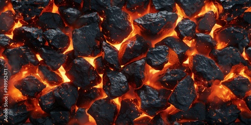 Burning coal embers glowing red hot with flames