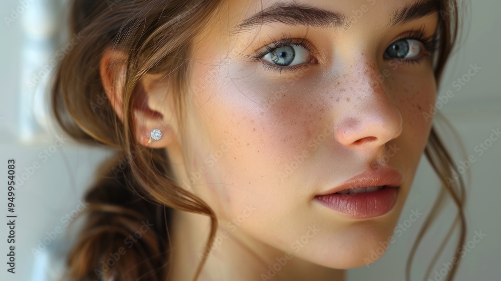 Close-up Portrait of a Young Woman with Freckles and Blue Eyes. Close-up Portrait of a Young Woman with Freckles and Blue Eyes.