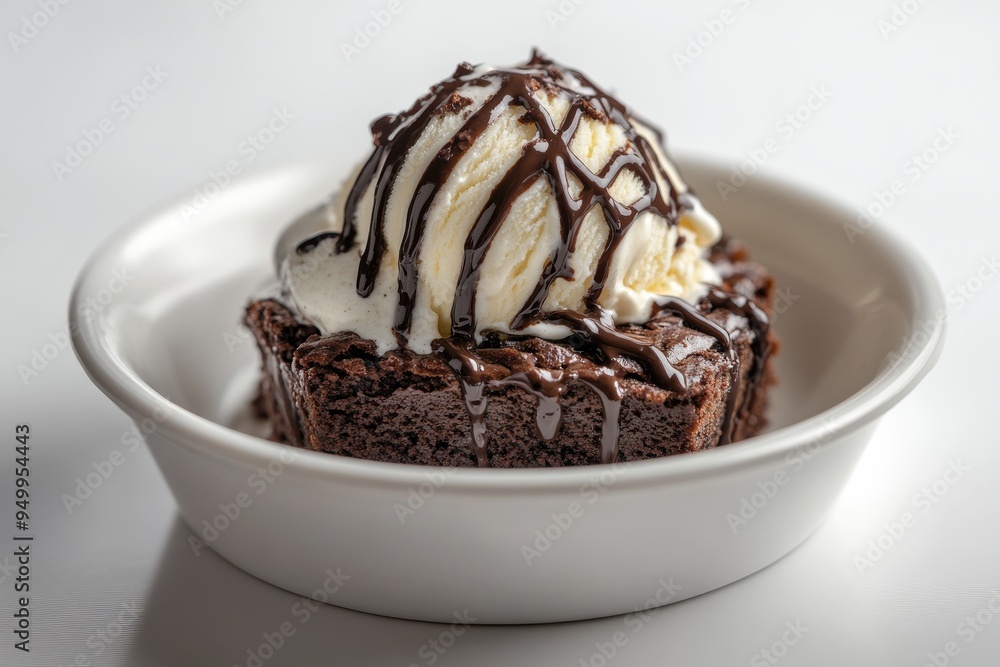 A scoop of vanilla ice cream drizzled generously with chocolate sauce A scoop of vanilla ice cream drizzled generously with chocolate sauce