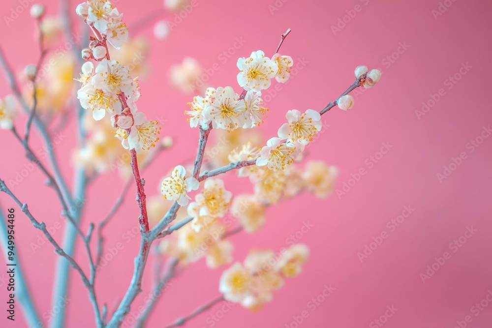 Delicate White Blossoms on a Branch Against a Pink Background Delicate White Blossoms on a Branch Against a Pink Background