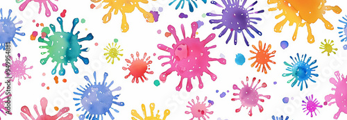 Vibrant watercolor virus pattern - colorful artistic representation of microorganisms. Abstract medical background. Concept of microbiology, infectious diseases, medical research. Wide banner