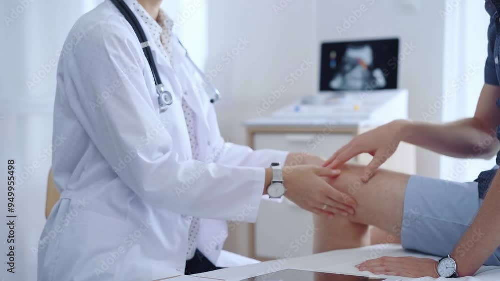 Doctor is carefully examining a patient's knee, providing personalized care and support. Medicine and orthopedic concept Doctor is carefully examining a patient's knee, providing personalized care and support. Medicine and orthopedic concept
