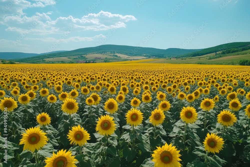 Fototapeta premium Expansive Field of Sunflowers Under a Blue Sky