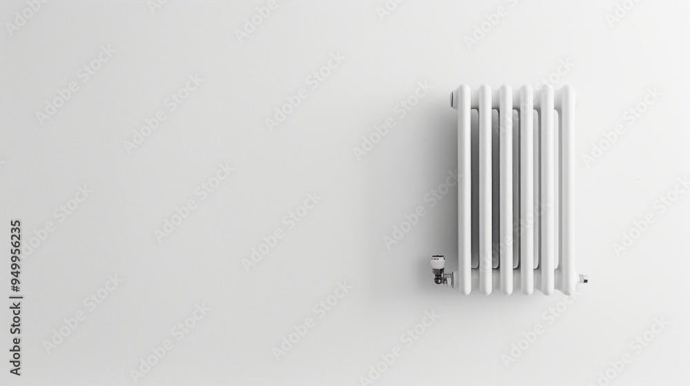 Modern White Radiator on Plain White Wall Background with Sunlight and Shadows. Concept of Home Heating, Minimalist Decor, Interior Design, Energy Efficiency. Copy space Modern White Radiator on Plain White Wall Background with Sunlight and Shadows. Concept of Home Heating, Minimalist Decor, Interior Design, Energy Efficiency. Copy space