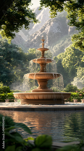 Serene stone water fountain nestled in a picturesque landscape, with majestic mountains rising behind it picture photo