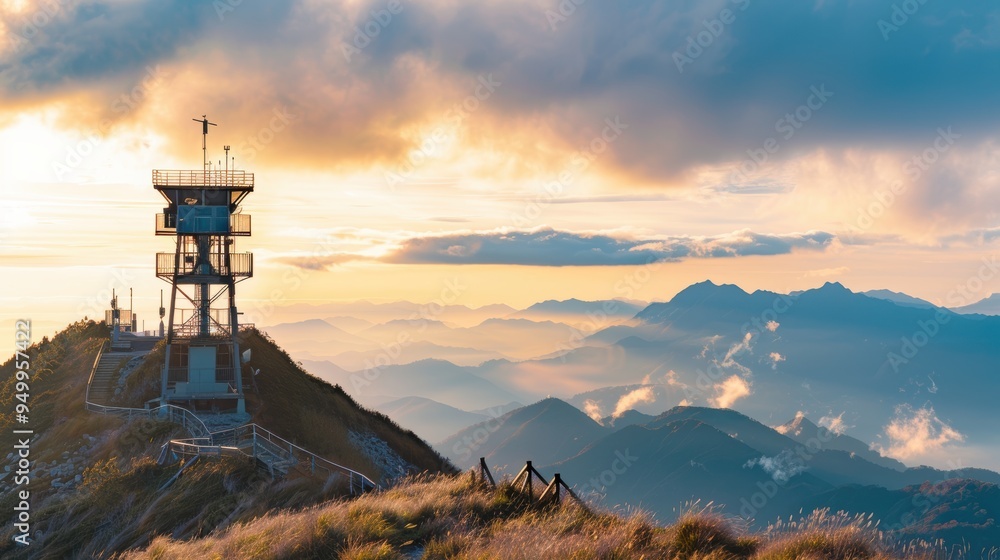 Fototapeta premium Mountain landscape with a lookout tower at sunset