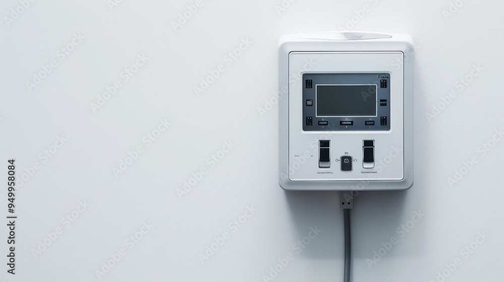 Modern programmable thermostat controlling room temperature on a white wall Modern programmable thermostat controlling room temperature on a white wall
