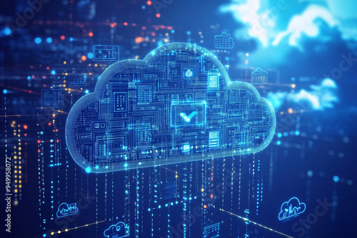 A glowing digital cloud with integrated circuits, representing advanced cloud technology and futuristic data storage solutions