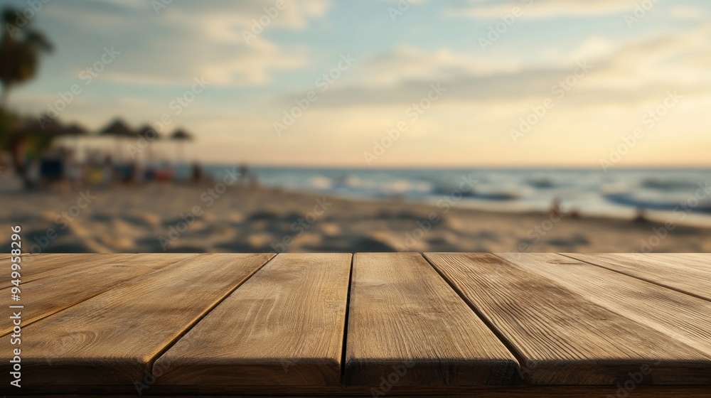 Wooden Table Top with Blurred Beach Background Wooden Table Top with Blurred Beach Background
