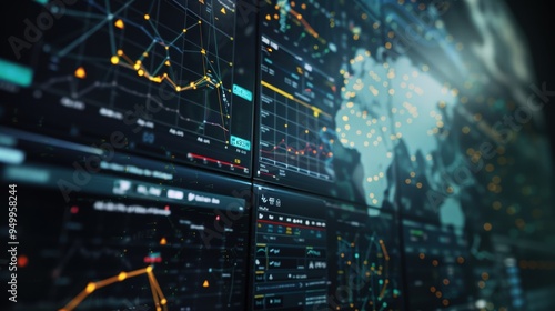 Big data analysis wall showing global business statistics with charts and graphs