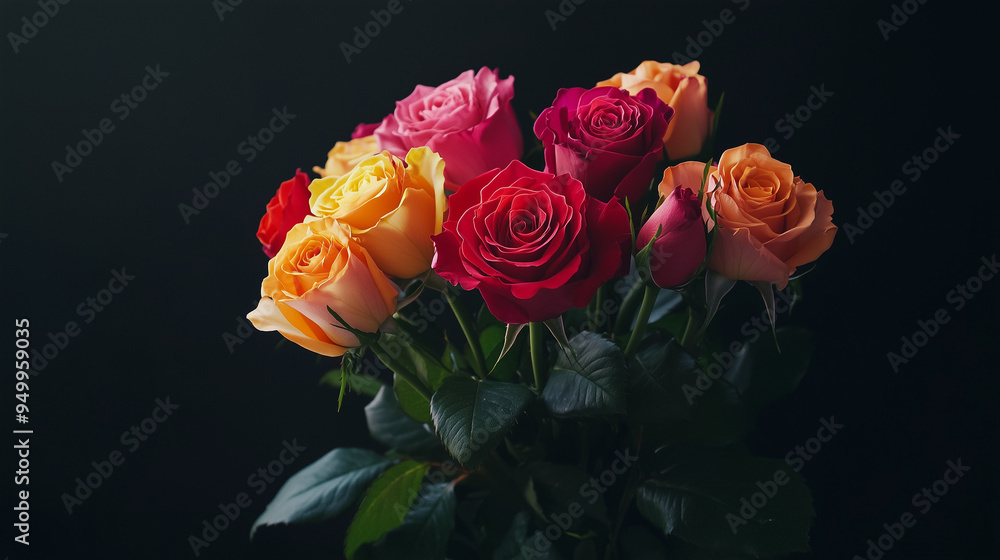 Beautiful bouquet of multicolored roses on a black background. Festive concept of flowers. Floral vintage postcard with flowers. Beautiful bouquet of multicolored roses on a black background. Festive concept of flowers. Floral vintage postcard with flowers.