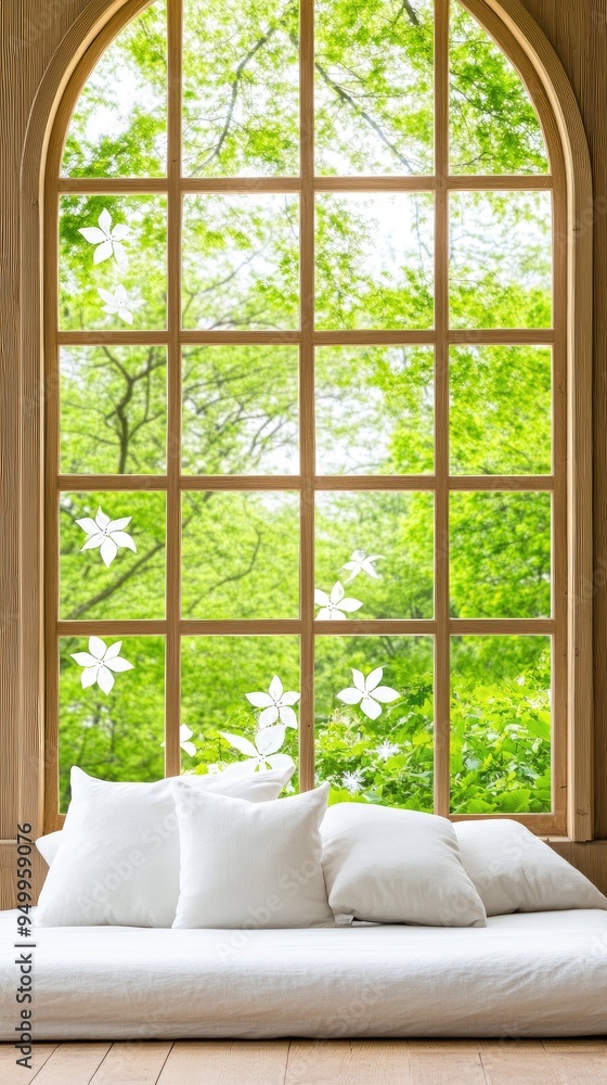 Fototapeta premium A serene cabin features wooden walls and ceiling, a spacious window offering a breathtaking view of greenery, with soft pillows creating a comfortable retreat.
