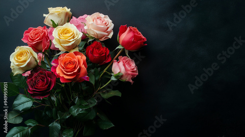 Beautiful bouquet of multicolored roses on a black background. Festive concept of flowers with space for text.