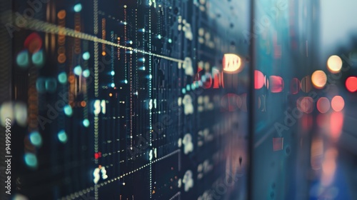 Modern stock exchange board showing data and numbers with city lights reflection