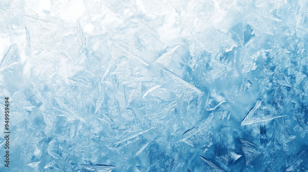Obraz premium Frozen pattern on winter window. Blue ice winter background, texture blue wallpaper. Banner of fozen blue background