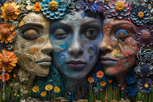 Three women are joyfully surrounded by a vibrant array of flowers and lush green plants in a natural setting.