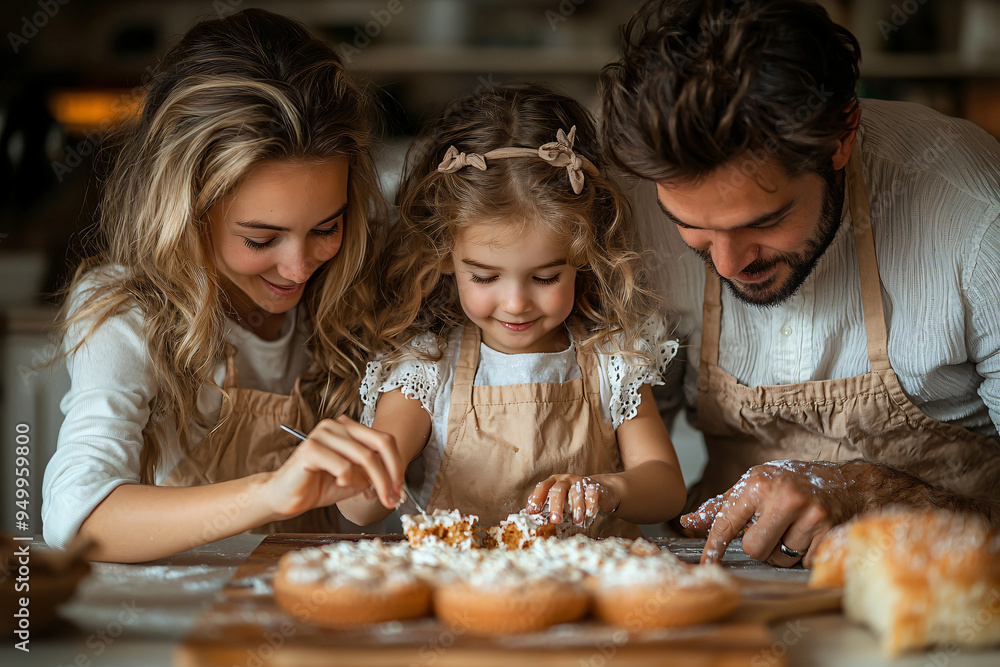 Fototapeta premium A modern white kitchen, two parents and their children baking together. A cute little girl with blonde hair, wearing an apron, appears delighted while making a cake at the table. 