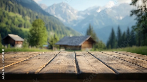 Wooden Table Against Mountain Scenery photo