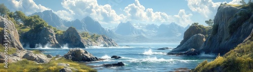 Rocky coastline, jagged cliffs, crashing waves, and tidal pools, 3D landscape